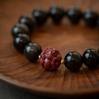 Buddha Gift Chinese Zodiac Natural Black Obsidian Cinnabar Purification Bracelet