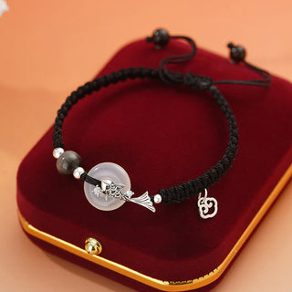 Buddha Gift Handmade Chalcedony Peace Buckle Koi Fish 925 Sterling Silver Braided String Positive Couple's Bracelet