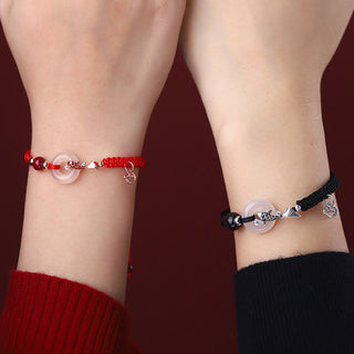 Buddha Gift Handmade Chalcedony Peace Buckle Koi Fish 925 Sterling Silver Braided String Positive Couple's Bracelet