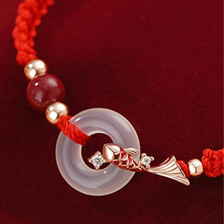 Buddha Gift Handmade Chalcedony Peace Buckle Koi Fish 925 Sterling Silver Braided String Positive Couple's Bracelet