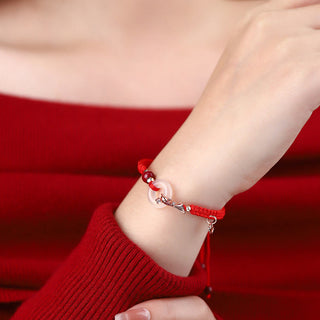 Buddha Gift Handmade Chalcedony Peace Buckle Koi Fish 925 Sterling Silver Braided String Positive Couple's Bracelet