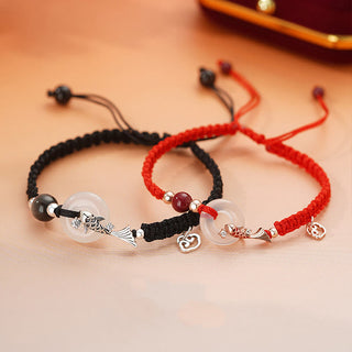 Buddha Gift Handmade Chalcedony Peace Buckle Koi Fish 925 Sterling Silver Braided String Positive Couple's Bracelet