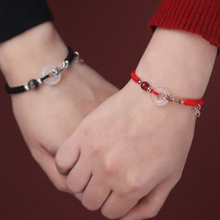 Buddha Gift Handmade Chalcedony Peace Buckle Koi Fish 925 Sterling Silver Braided String Positive Couple's Bracelet