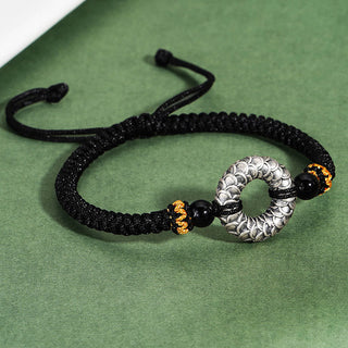 Buddha Gift Handmade Black Onyx 999 Sterling Silver Peace Buckle Dragon Black String Luck Braided Bracelet