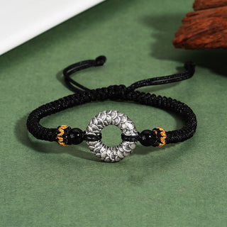 Buddha Gift Handmade Black Onyx 999 Sterling Silver Peace Buckle Dragon Black String Luck Braided Bracelet