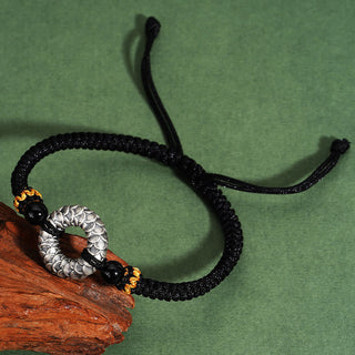 Buddha Gift Handmade Black Onyx 999 Sterling Silver Peace Buckle Dragon Black String Luck Braided Bracelet