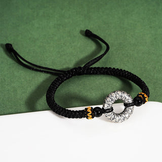 Buddha Gift Handmade Black Onyx 999 Sterling Silver Peace Buckle Dragon Black String Luck Braided Bracelet