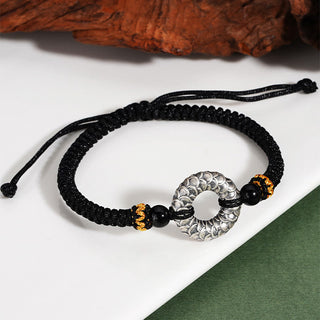 Buddha Gift Handmade Black Onyx 999 Sterling Silver Peace Buckle Dragon Black String Luck Braided Bracelet