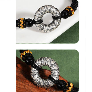 Buddha Gift Handmade Black Onyx 999 Sterling Silver Peace Buckle Dragon Black String Luck Braided Bracelet