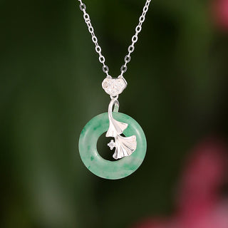 Buddha Gift 925 Sterling Silver Jade Ginkgo Peace Buckle Ruyi Lock Prosperity Necklace Pendant