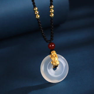 Buddha Gift  Black Onyx White Agate Peace Buckle 999 Sterling Silver Gold PiXiu Fortune Necklace Pendant