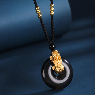 Buddha Gift  Black Onyx White Agate Peace Buckle 999 Sterling Silver Gold PiXiu Fortune Necklace Pendant