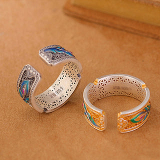Buddha Gift 999 Sterling Silver Enamel Feather Design Adjustable Calm Ring