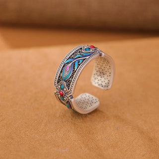 Buddha Gift 999 Sterling Silver Enamel Feather Design Adjustable Calm Ring