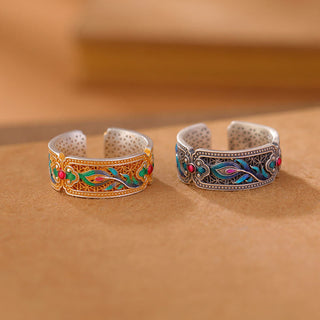 Buddha Gift 999 Sterling Silver Enamel Feather Design Adjustable Calm Ring