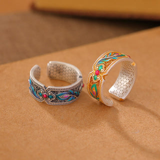 Buddha Gift 999 Sterling Silver Enamel Feather Design Adjustable Calm Ring