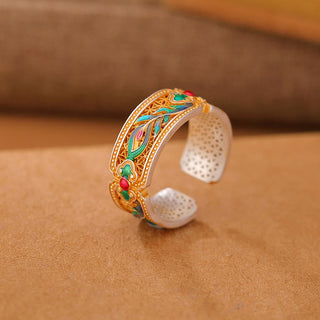 Buddha Gift 999 Sterling Silver Enamel Feather Design Adjustable Calm Ring