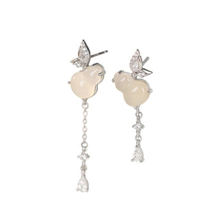 Buddha Gift Hetian Jade Magnolia Chalcedony 925 Sterling Silver Butterfly Gourd Luck Earrings