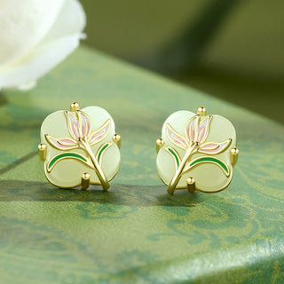 Buddha Gift Hetian Jade Magnolia Chalcedony 925 Sterling Silver Butterfly Gourd Luck Earrings