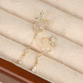 Buddha Gift Hetian Jade Magnolia Chalcedony 925 Sterling Silver Butterfly Gourd Luck Earrings