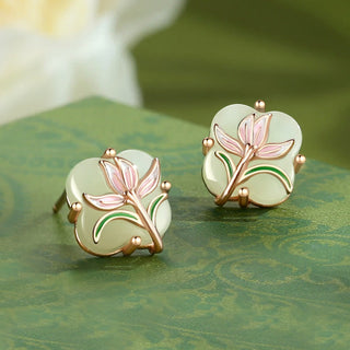 Buddha Gift Hetian Jade Magnolia Chalcedony 925 Sterling Silver Butterfly Gourd Luck Earrings