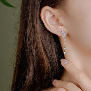 Buddha Gift Hetian Jade Magnolia Chalcedony 925 Sterling Silver Butterfly Gourd Luck Earrings