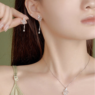 Buddha Gift Hetian Jade Magnolia Chalcedony 925 Sterling Silver Butterfly Gourd Luck Earrings
