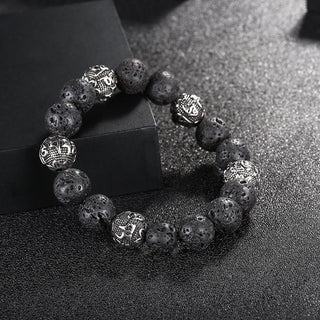 Buddha Gift Natural Lava Rock Tiger Eye Titanium Steel Six-True-Words Om Mani Padme Hum Healing Bracelet