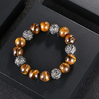 Buddha Gift Natural Lava Rock Tiger Eye Titanium Steel Six-True-Words Om Mani Padme Hum Healing Bracelet
