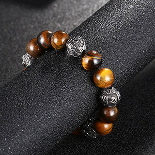 Buddha Gift Natural Lava Rock Tiger Eye Titanium Steel Six-True-Words Om Mani Padme Hum Healing Bracelet