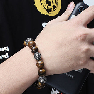 Buddha Gift Natural Lava Rock Tiger Eye Titanium Steel Six-True-Words Om Mani Padme Hum Healing Bracelet