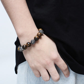 Buddha Gift Natural Lava Rock Tiger Eye Titanium Steel Six-True-Words Om Mani Padme Hum Healing Bracelet