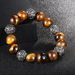Buddha Gift Natural Lava Rock Tiger Eye Titanium Steel Six-True-Words Om Mani Padme Hum Healing Bracelet