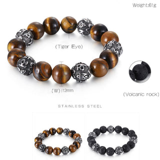 Buddha Gift Natural Lava Rock Tiger Eye Titanium Steel Six-True-Words Om Mani Padme Hum Healing Bracelet