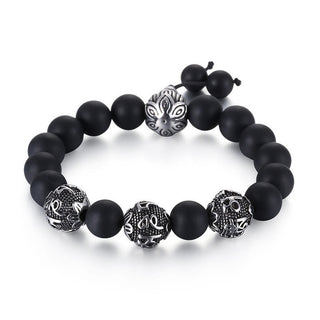 Buddha Gift Natural Tiger Eye Lava Rock Black Obsidian Titanium Steel Six-True-Words Om Mani Padme Hum Protection Bracelet