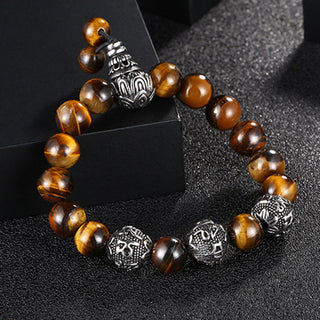 Buddha Gift Natural Tiger Eye Lava Rock Black Obsidian Titanium Steel Six-True-Words Om Mani Padme Hum Protection Bracelet