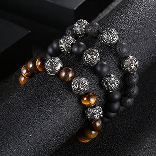Buddha Gift Natural Tiger Eye Lava Rock Black Obsidian Titanium Steel Six-True-Words Om Mani Padme Hum Protection Bracelet