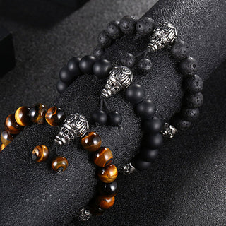 Buddha Gift Natural Tiger Eye Lava Rock Black Obsidian Titanium Steel Six-True-Words Om Mani Padme Hum Protection Bracelet