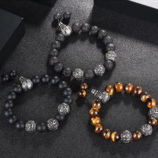Buddha Gift Natural Tiger Eye Lava Rock Black Obsidian Titanium Steel Six-True-Words Om Mani Padme Hum Protection Bracelet