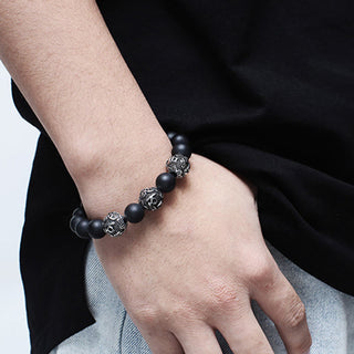 Buddha Gift Natural Tiger Eye Lava Rock Black Obsidian Titanium Steel Six-True-Words Om Mani Padme Hum Protection Bracelet