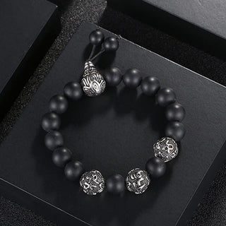Buddha Gift Natural Tiger Eye Lava Rock Black Obsidian Titanium Steel Six-True-Words Om Mani Padme Hum Protection Bracelet