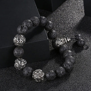Buddha Gift Natural Tiger Eye Lava Rock Black Obsidian Titanium Steel Six-True-Words Om Mani Padme Hum Protection Bracelet