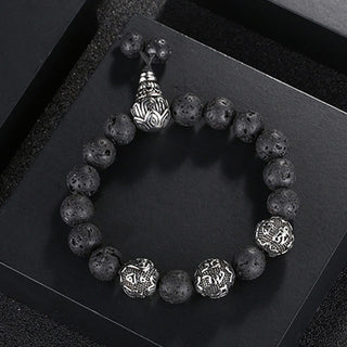 Buddha Gift Natural Tiger Eye Lava Rock Black Obsidian Titanium Steel Six-True-Words Om Mani Padme Hum Protection Bracelet
