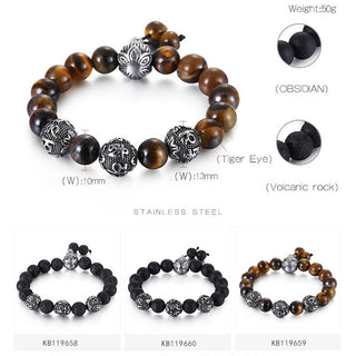 Buddha Gift Natural Tiger Eye Lava Rock Black Obsidian Titanium Steel Six-True-Words Om Mani Padme Hum Protection Bracelet