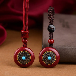 Buddha Gift Natural Cinnabar Six True Words 'Om Mani Padme Hum' Braided String Blessing Key Chain Necklace Pendant