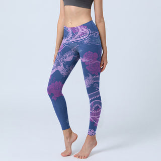 Buddha Gift Purple Dragon Phoenix Flowers Print Gym Leggings Women's Yoga Pants