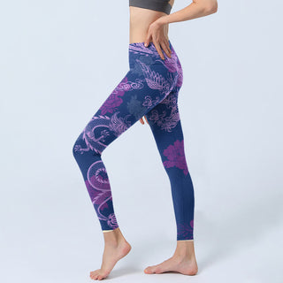 Buddha Gift Purple Dragon Phoenix Flowers Print Gym Leggings Women's Yoga Pants
