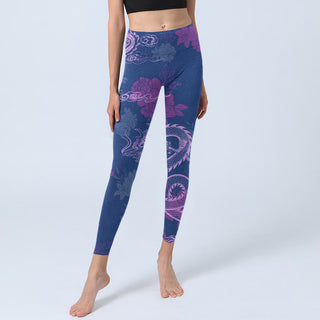 Buddha Gift Purple Dragon Phoenix Flowers Print Gym Leggings Women's Yoga Pants