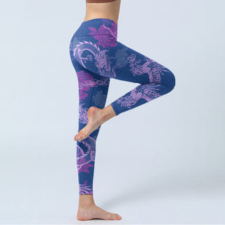 Buddha Gift Purple Dragon Phoenix Flowers Print Gym Leggings Women's Yoga Pants