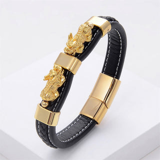 Buddha Gift Double PiXiu Wealth Luck Leather Magnetic Buckle Bracelet